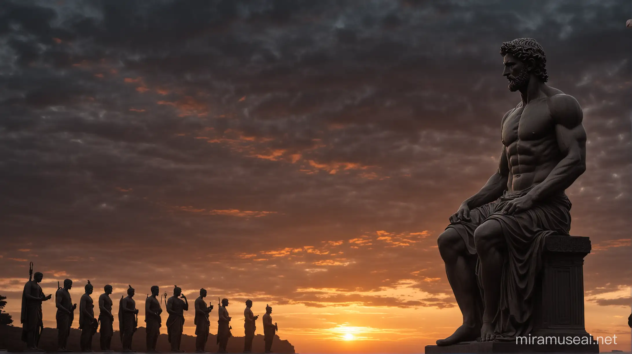 Stoicism, Motivation, stoic muscular statues outside , dark sunset, stoic background horizontal.
