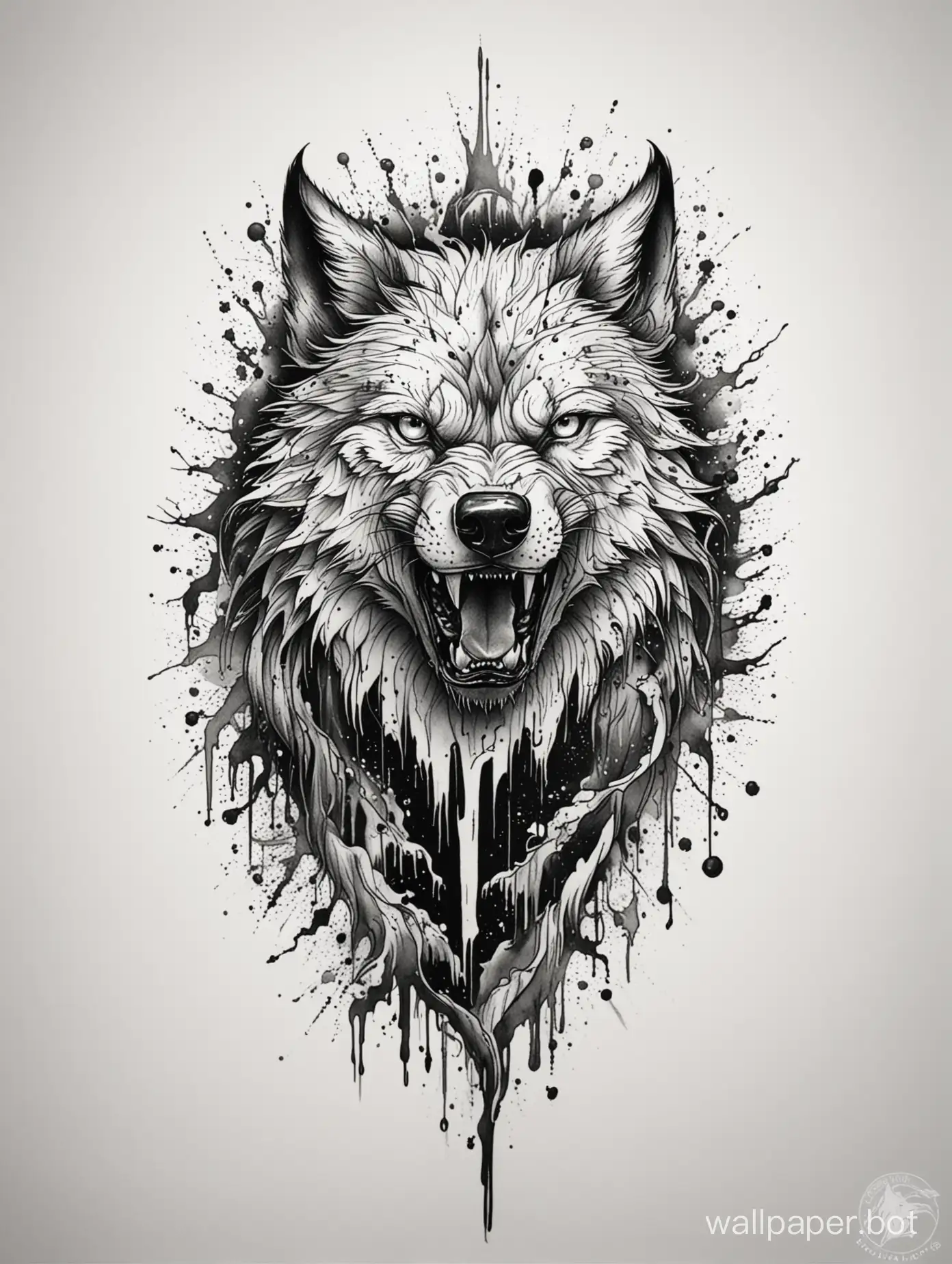 Furious wolf, lineart tattoo, explosive chaos blackwork, darkness organic lines, white background, fluid dripping ink
