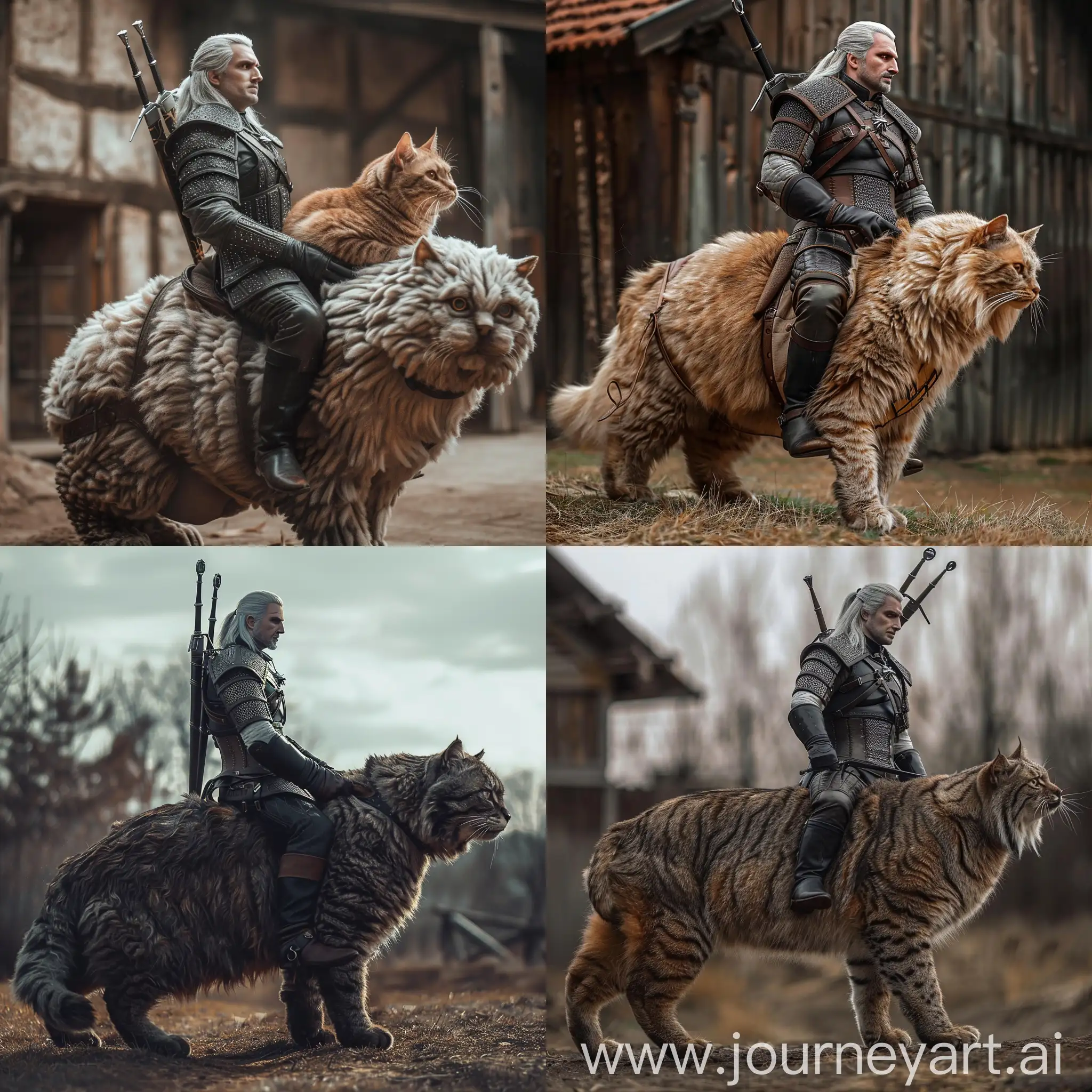 Geralt of Rivia from the "Witcher" game series rides a huge very cute domestic cat