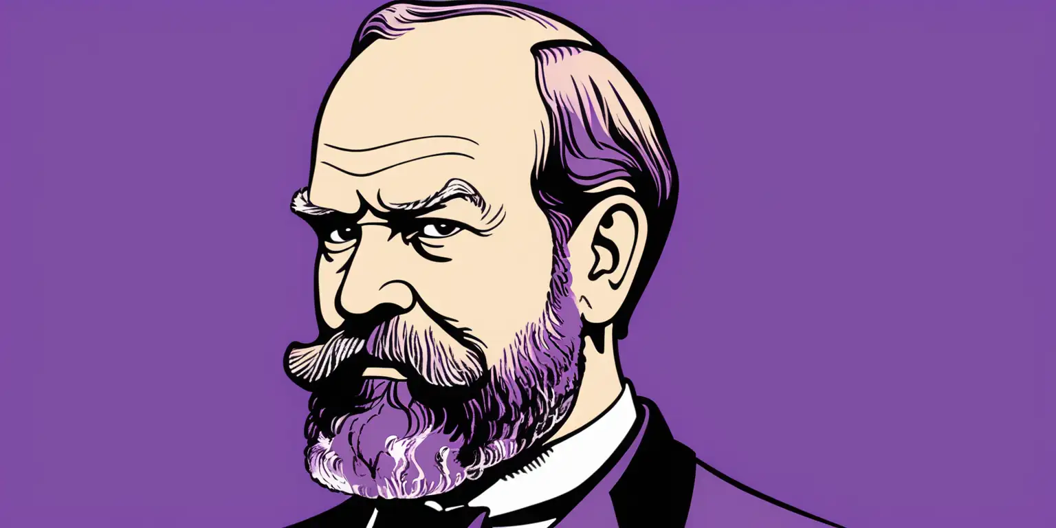 cartoon of James A. Garfield with a solid purple background
