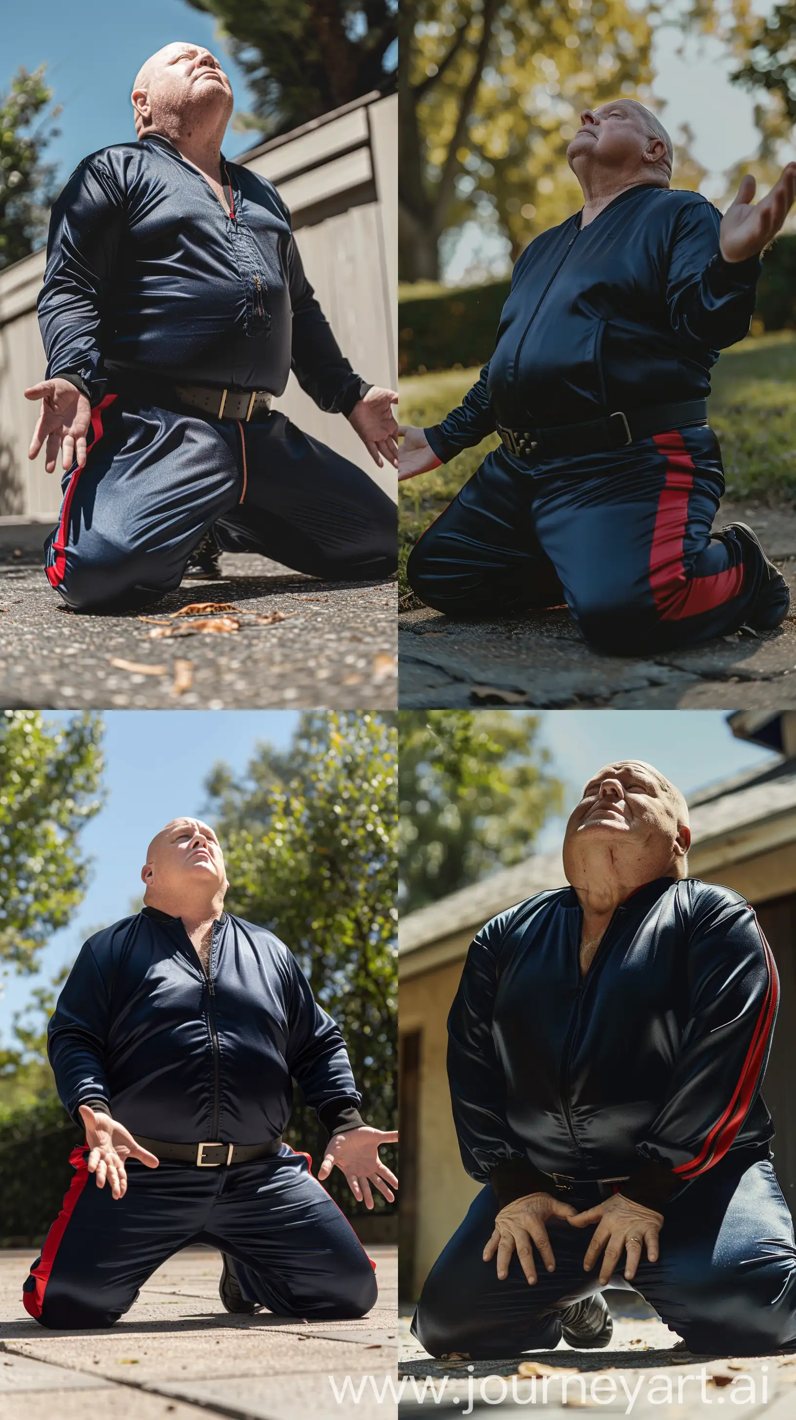 Close-up front view of a fat man aged 70 wearing a silk navy skinny-fitted tracksuit with red stripe on the leg. Black tactical belt. Outside. On his knees on the ground looking up at the sky, hands opened. Outside. Bald. Clean Shaven. Natural light. --style raw --ar 9:16