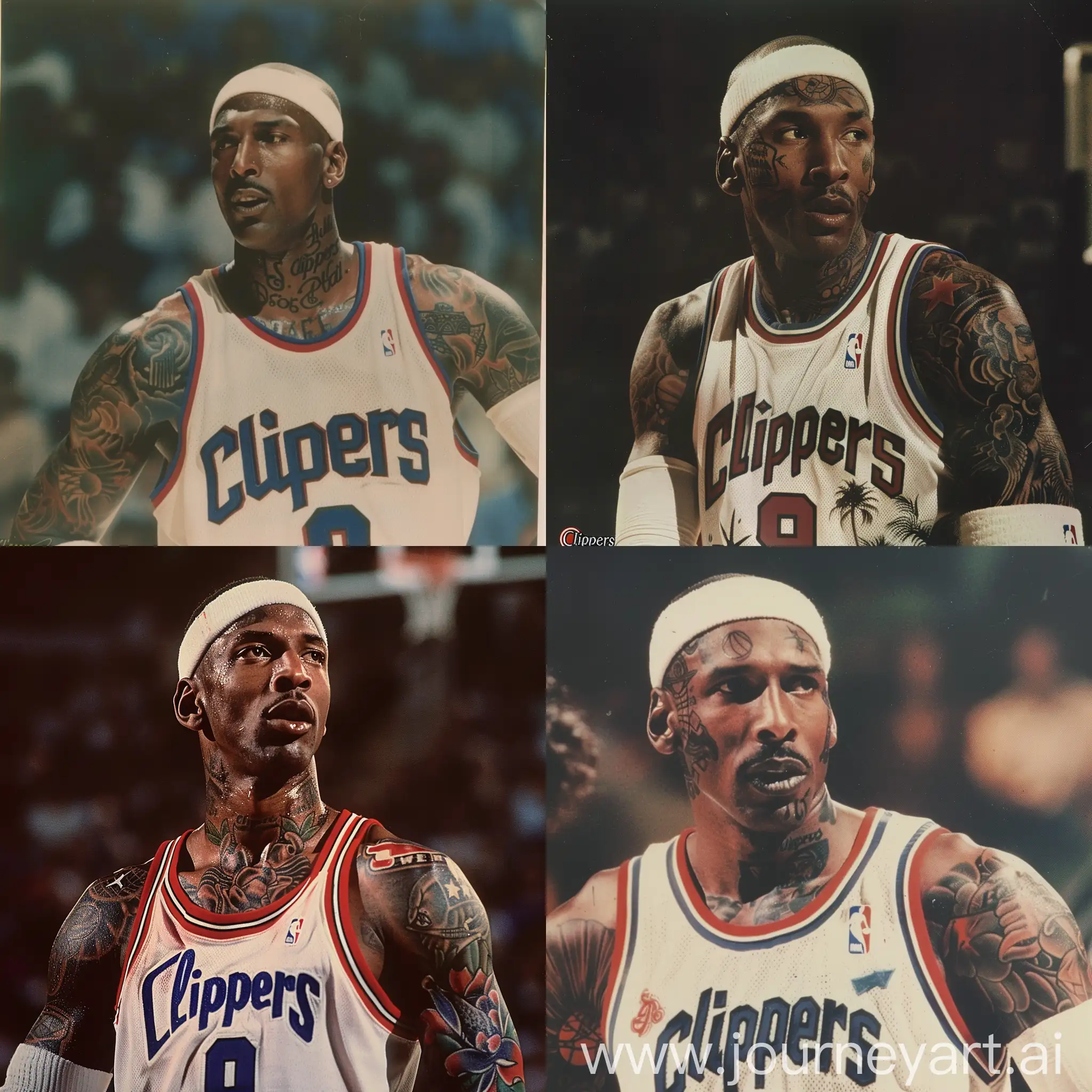 A 1980s Photograph Of Michael Jordan in a interview,With full Body Tattoos,wearing a Los angeles “Clippers” jersey with the number 9,And a White Headband,with a Sleeve