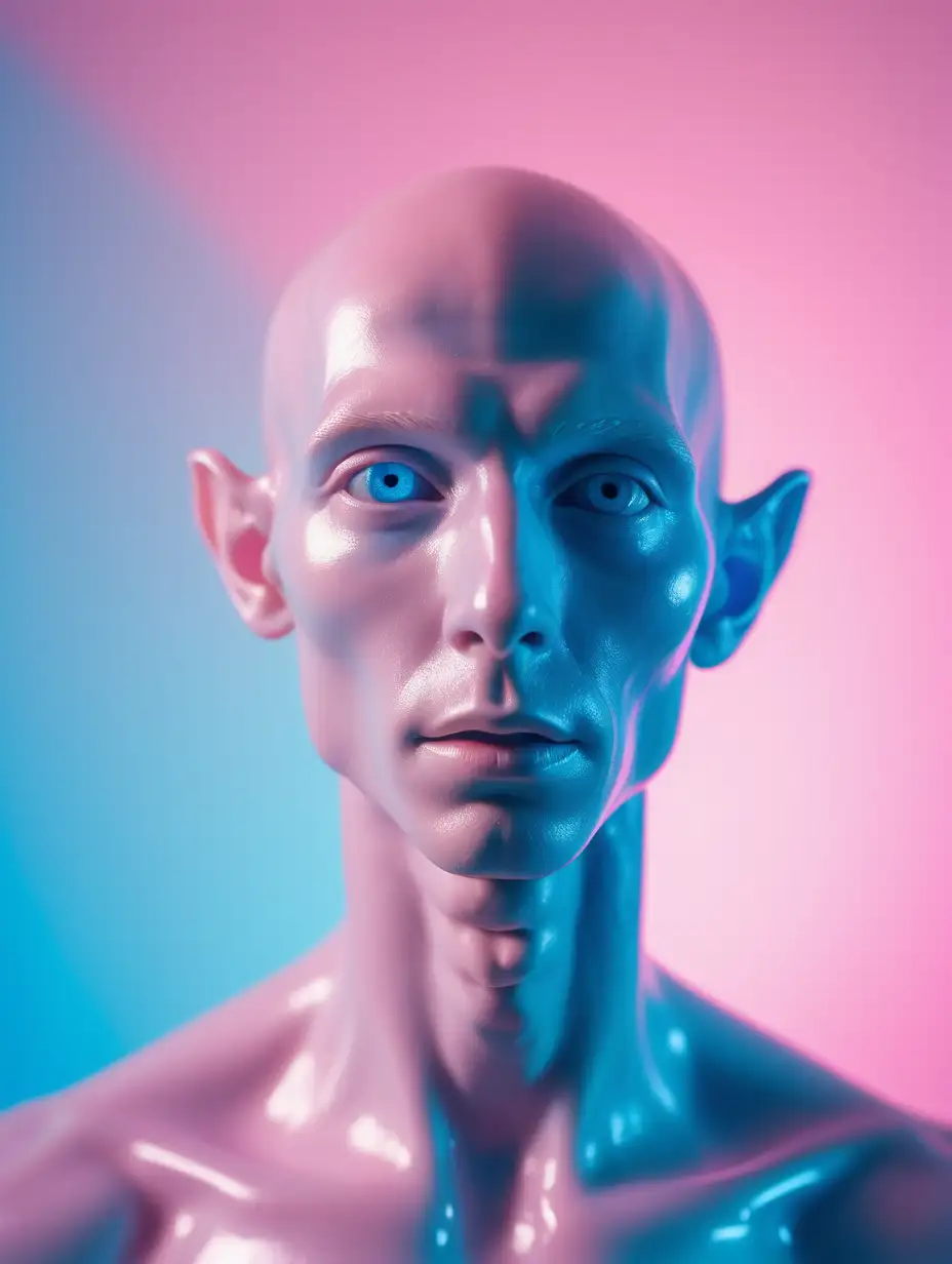 an 25 years old, real life pastel pretty human face translucent plexi glass body elegant slender alien android man,natural skin texture, in white art studio pink light casting hard shadows, blue pastel light halo, ultra detailed, 8k, film still from Wes Anderson, award winning photography, arty pose, fashion, 200mm, HD, f/ 2. 0, highly detailed --ar 3:4 --v 5.1  --v 5.1 --s 750 -- style raw
