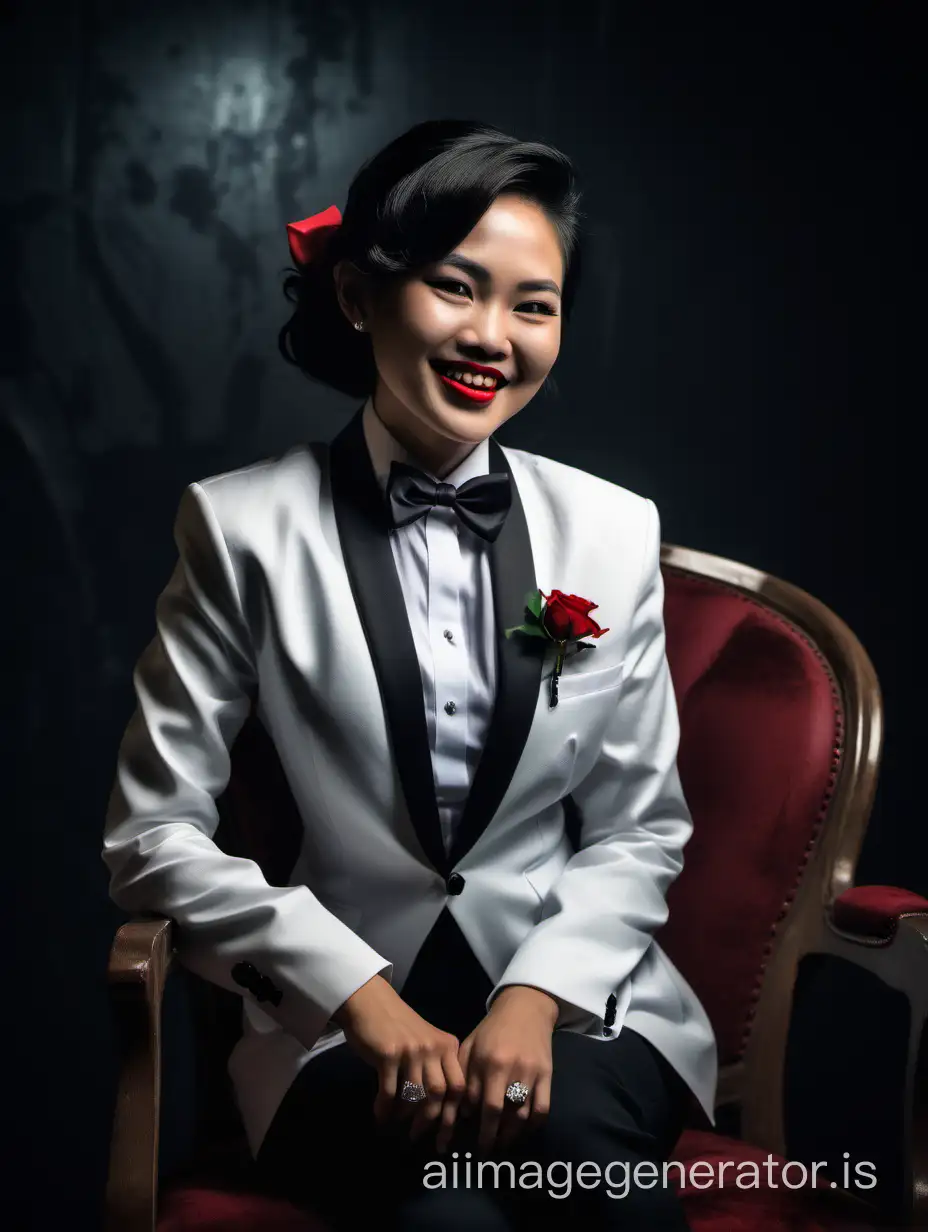 A happy Vietnamese woman sitting in a chair in a dark room. She is wearing a tuxedo with an open jacket, a white shirt with a black bow tie and cufflinks, and black pants. She has long air and lipstick. She has a red rose corsage.