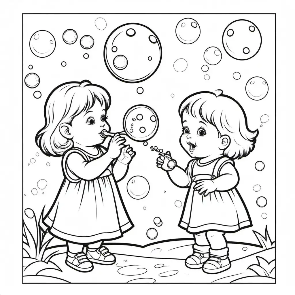 Kids Coloring Book Baby and Sister Blowing Bubbles