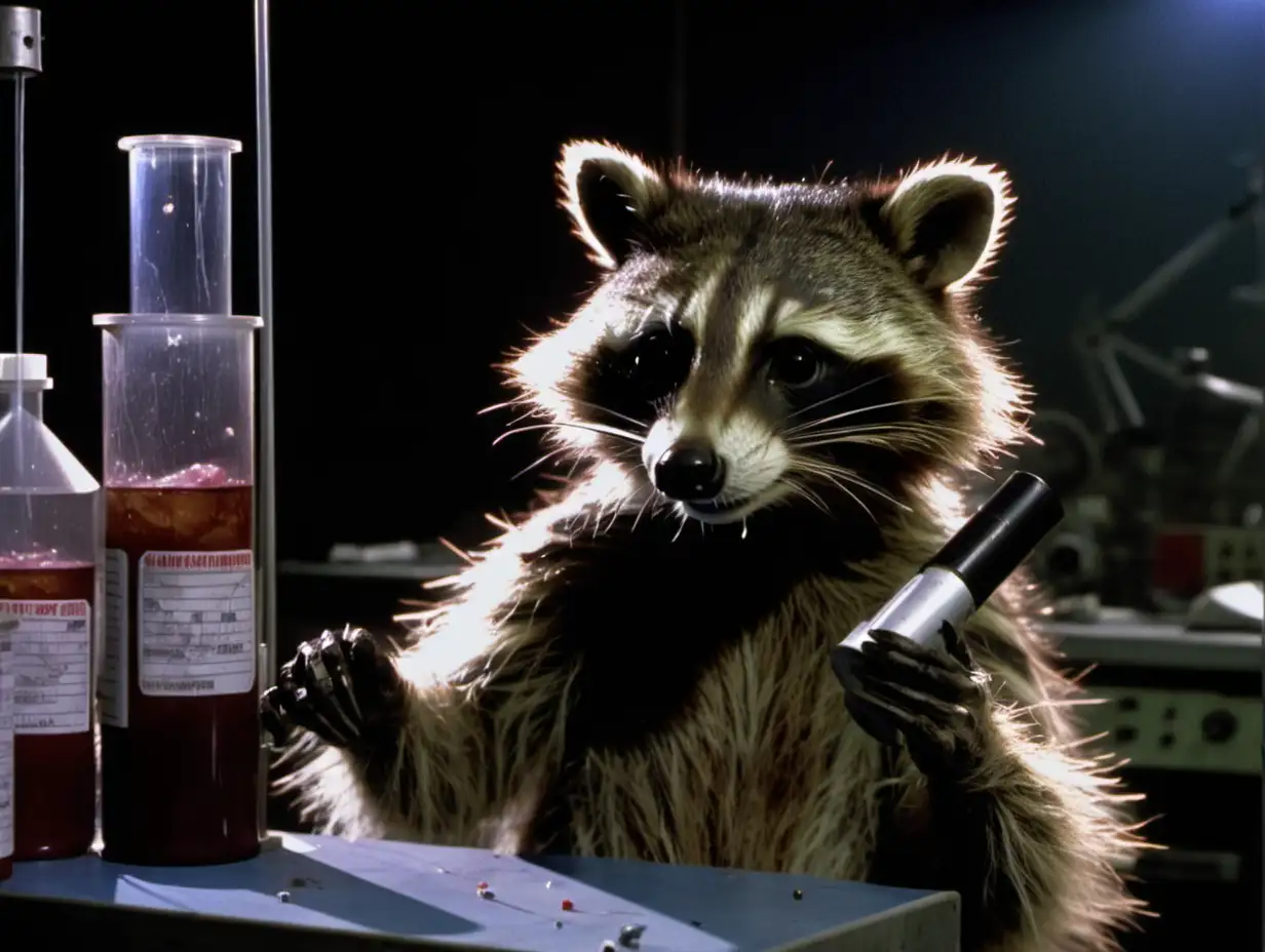 footage from a 1995 horror film, animatronic raccoon, labratory scene, night, making poison