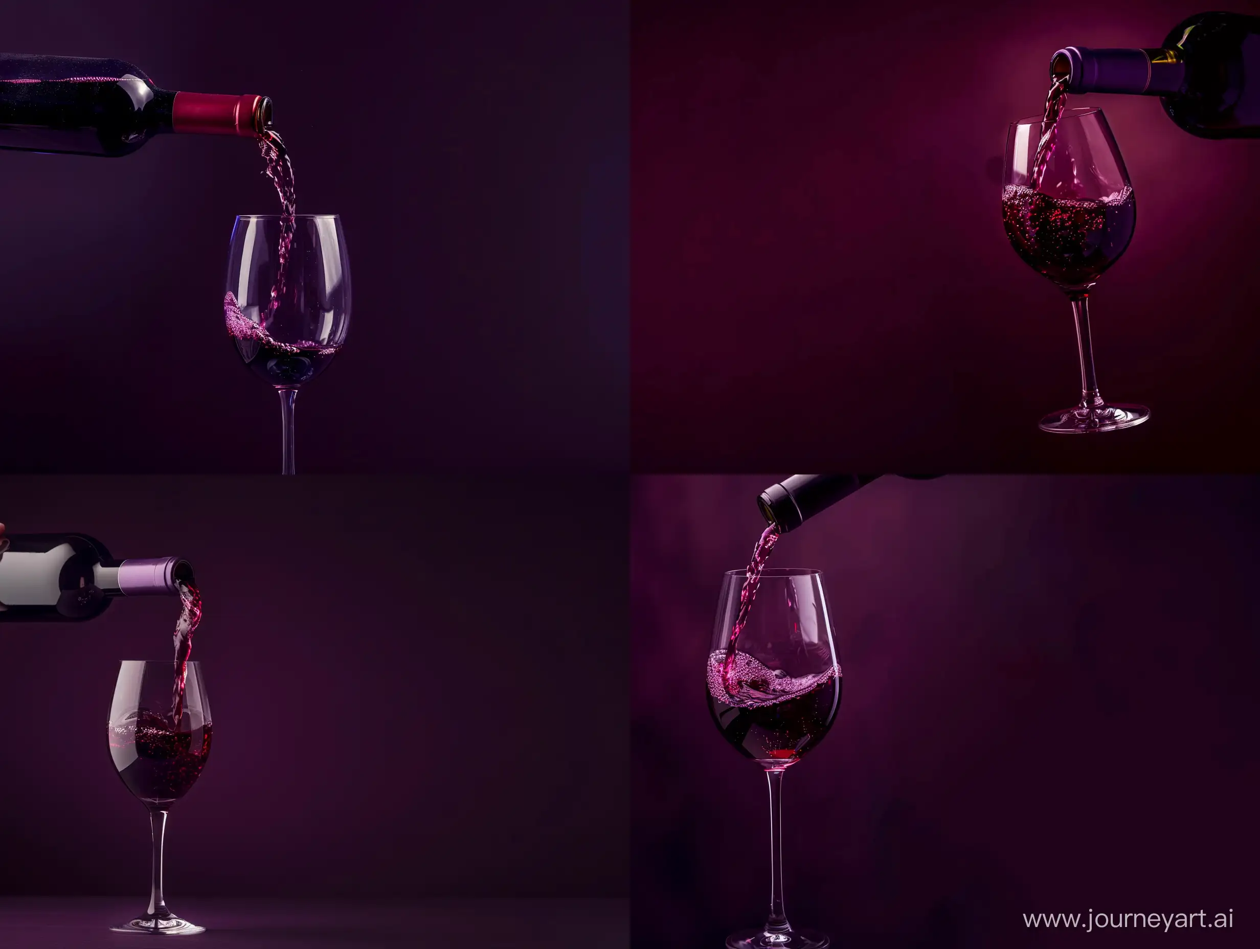 a super expensive bottle of wine being poured into a tilted glass, dark solid background studio photoshot, dark purple color pallet 