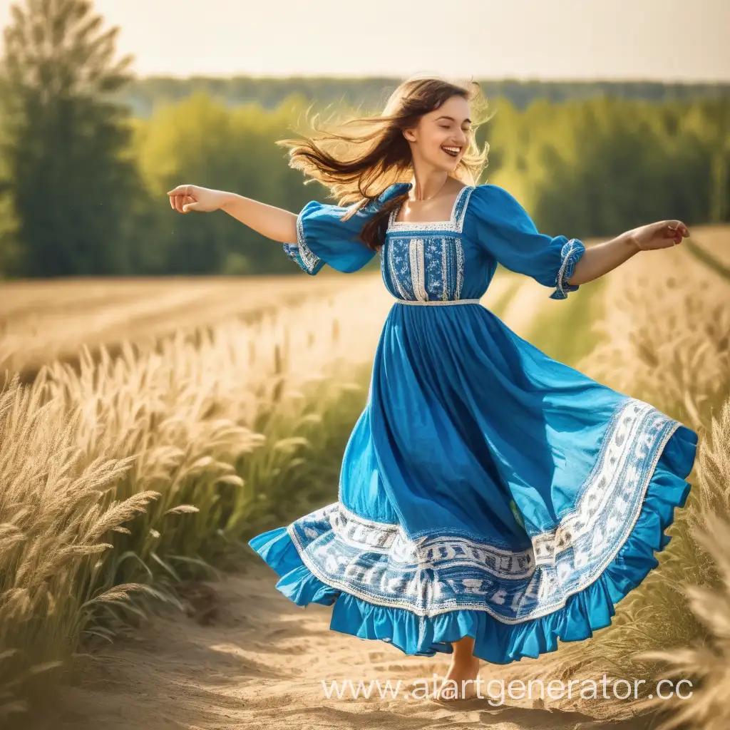 Девушка брюнетка в крестьянском голубом платье танцует при солнечной погоде