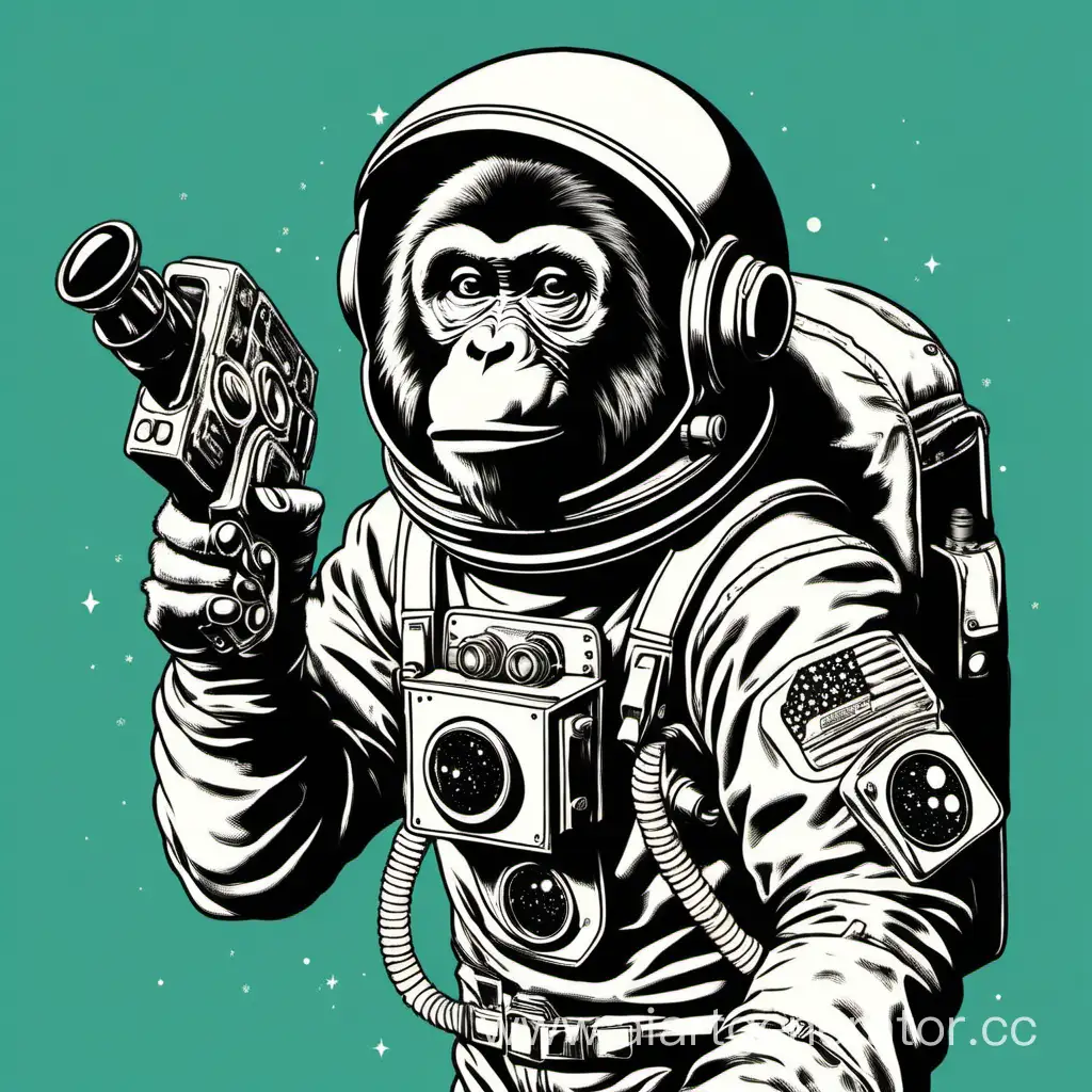 monkey mouth open  in astronaut suit pointing the space gun to the left. vintage, one color, illustration