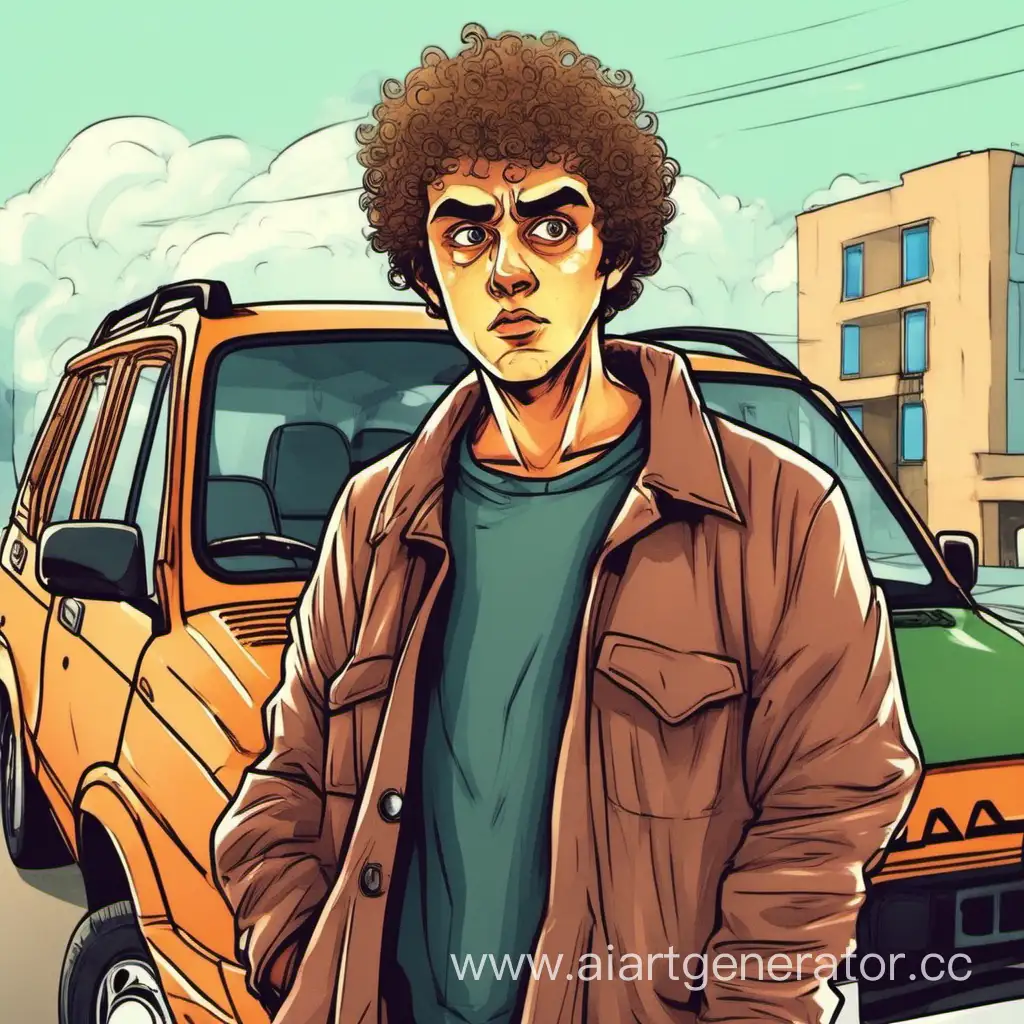 a guy with short curly hair is standing in front of a Lada Travel with a silly expression on his face and he is very serious