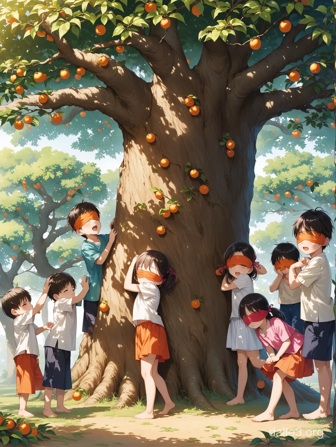 Boys and girls play hide and seek on the old persimmon tree's big branches, one of them is blindfolded