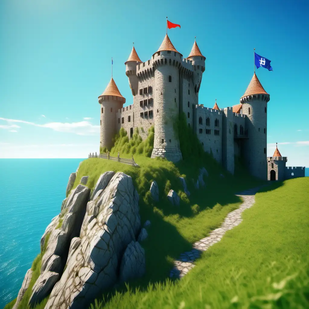 Medieval Fantastical Castle with Blue Flags Overlooking Sunny Meadow and Sea