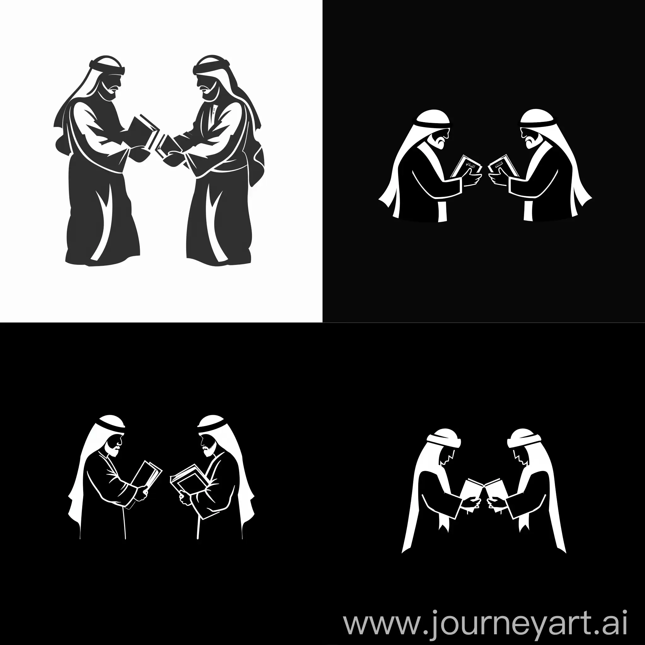 a logo of 2 bedouins men exchanging books, make them full black with no back ground
