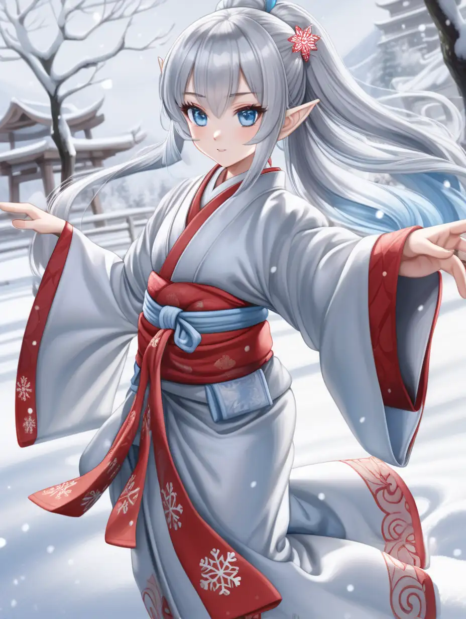 wide angle view silver hair tied into a bun and held in place with a silver pin silver-blue eyes blushing elf girl wearing a plain white and red kimono dancing in the snow