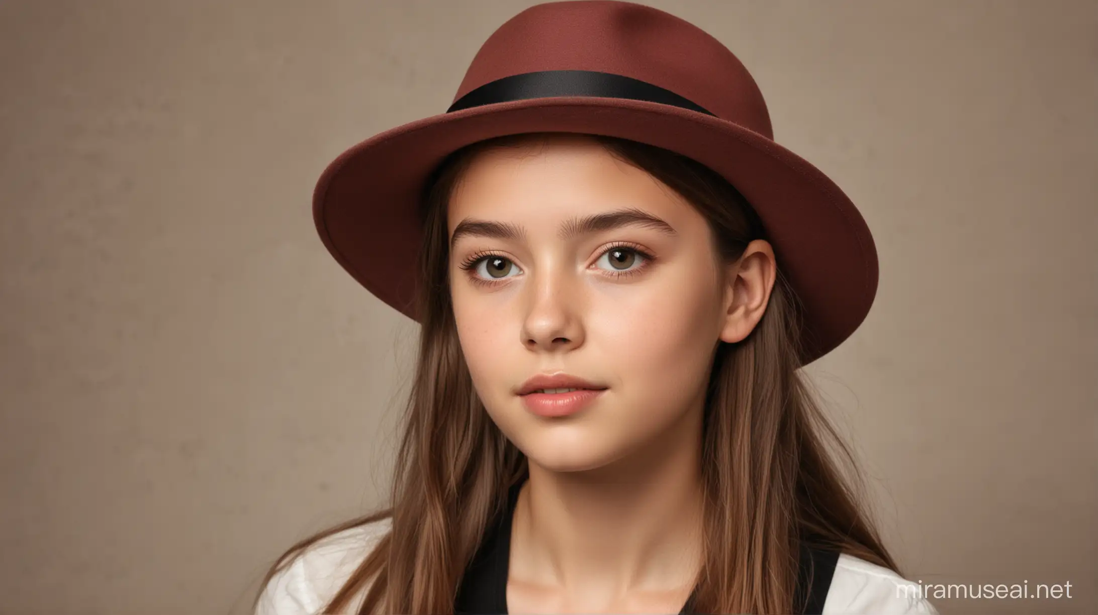 小姑娘头戴一顶平檐男帽，玫瑰木色的，有黑色宽饰带的呢帽