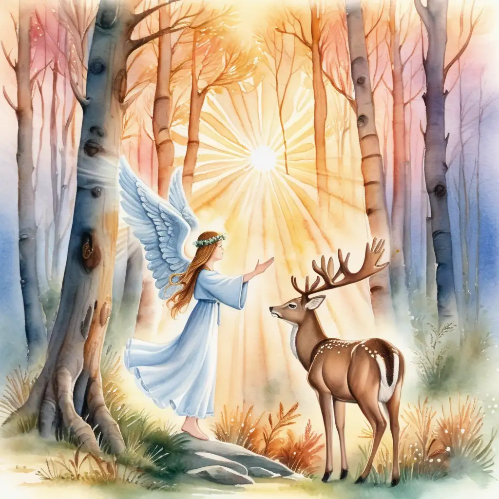 en ängel som hälsar på ett rådjur i skogen när solen går upp i vattenfärg