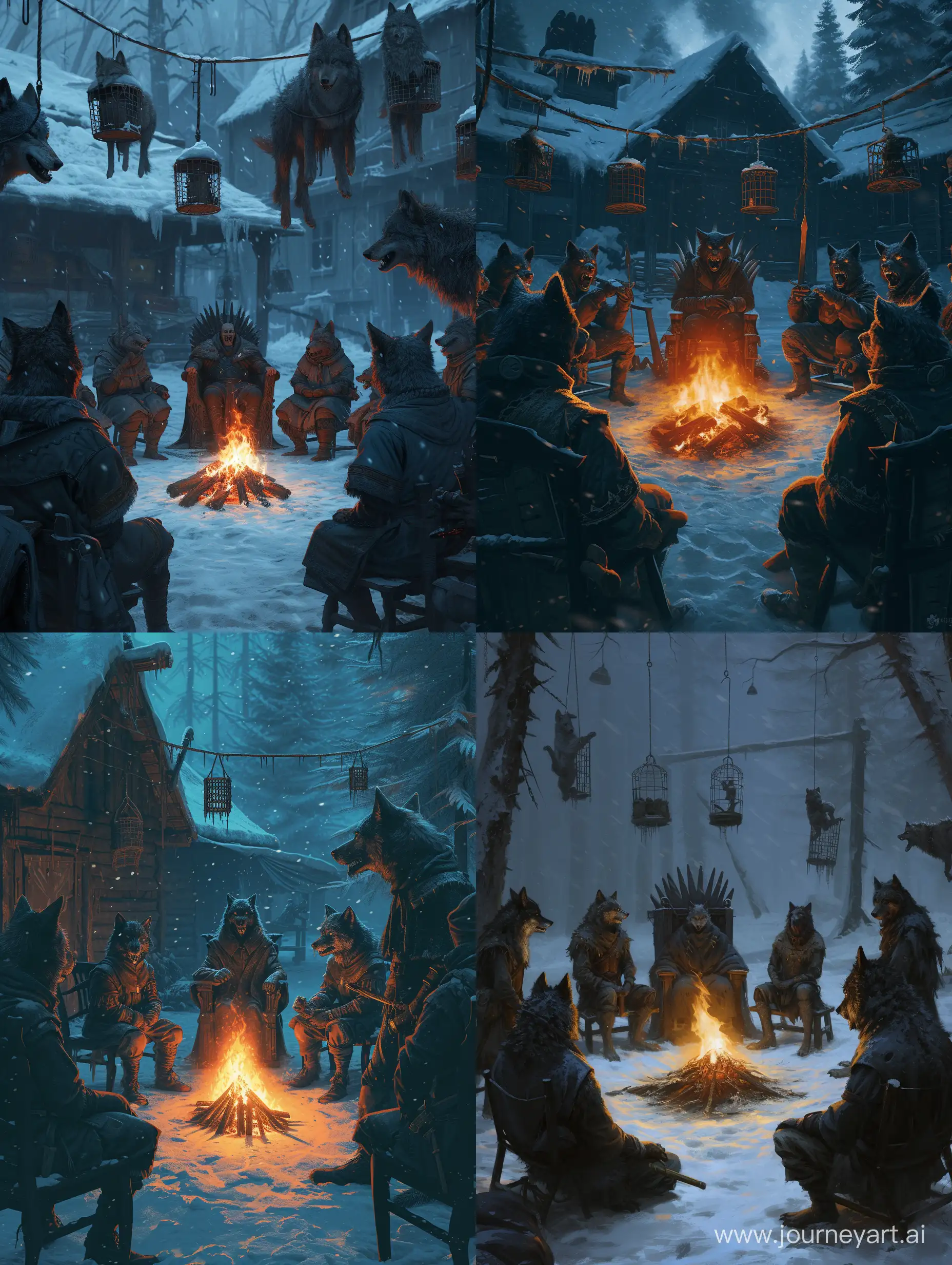anthropomorphic wolf warriors,circle around the fire,The leader of the wolves sitting on throne in the middle,in snowy horror camp,hanging Gibbet cages In the background,fierce,furious,irate,Detailed clothing.incredible detail,terrifying,Cinematic.