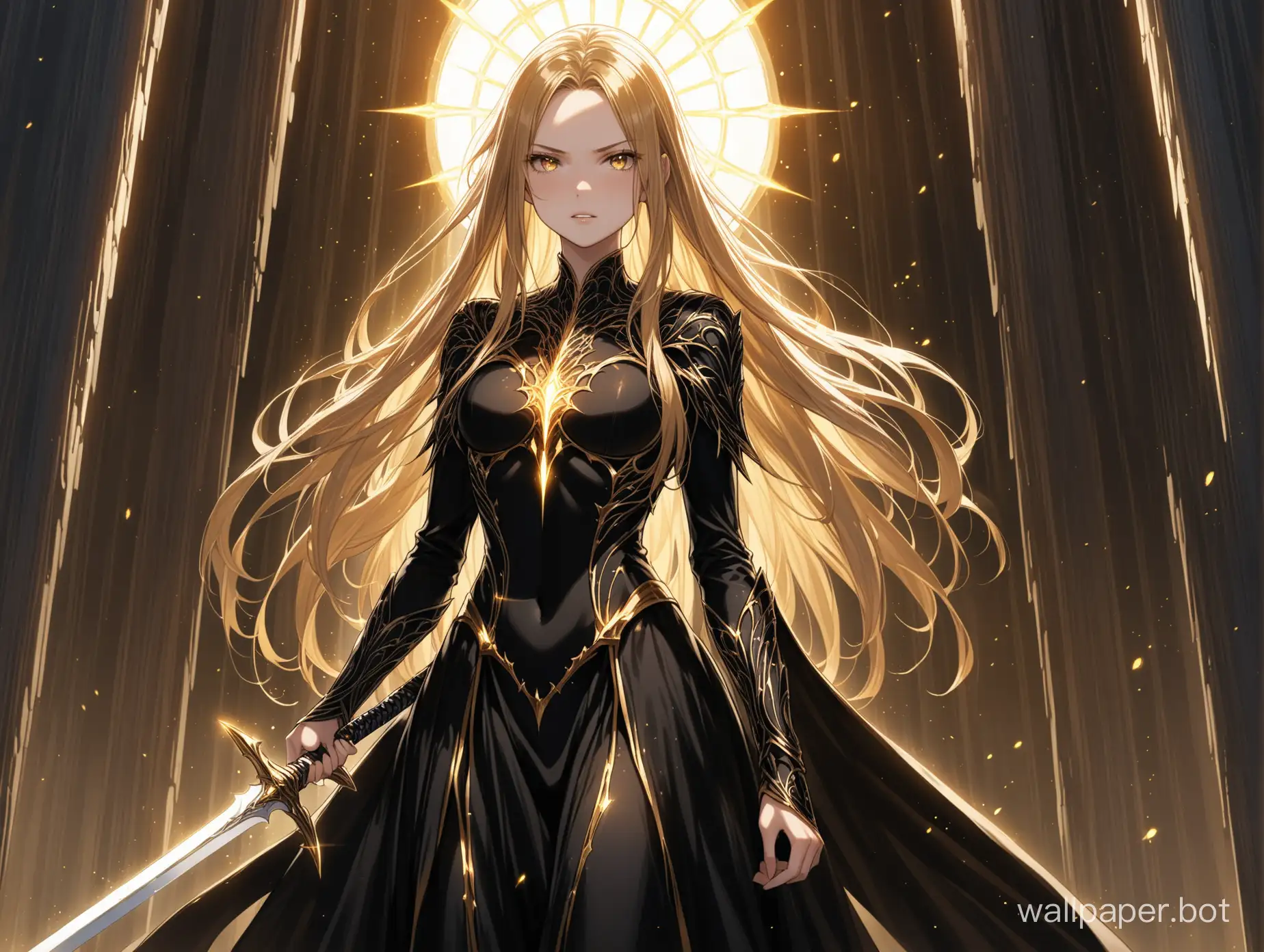 1girl in the front of house, wearing a black dress covering all her body , sharp expression, sunny, high details, perfect face, natural light, have sword black and golden edges glowing wight, shiny, tall hair