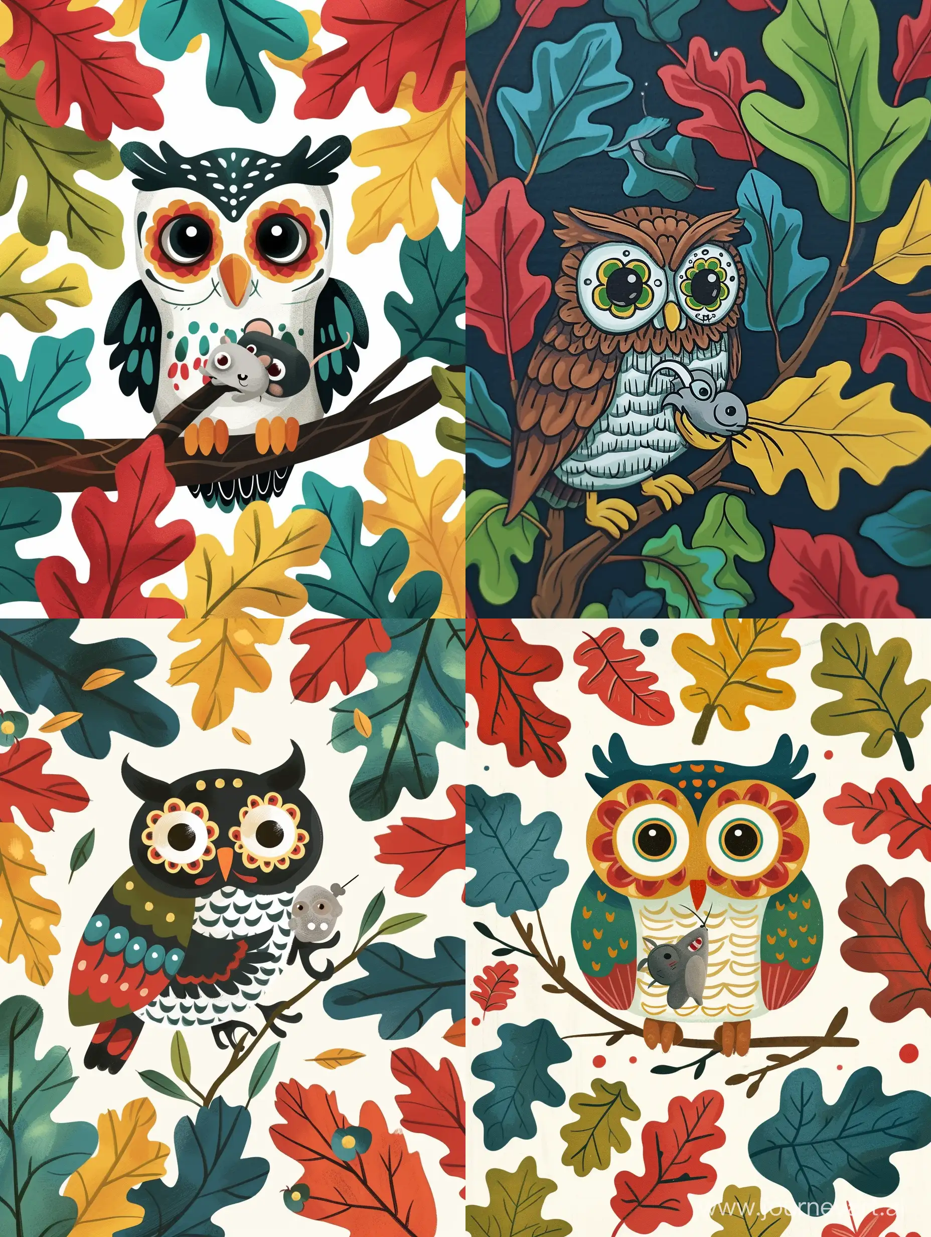 Little owl among oak leaves holding mouse in his claw Dias de los muertos Kawaii White background blue green red yellow black colors