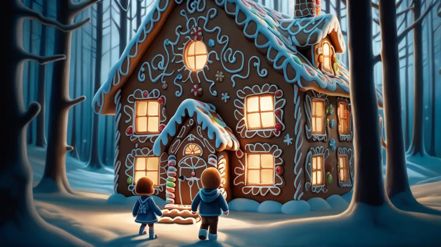 Two children, only two, are lost in the forest, they find a gingerbread house, there is dramatic light, no one seems to be around the house, the house is dark and ominous, the children are curious