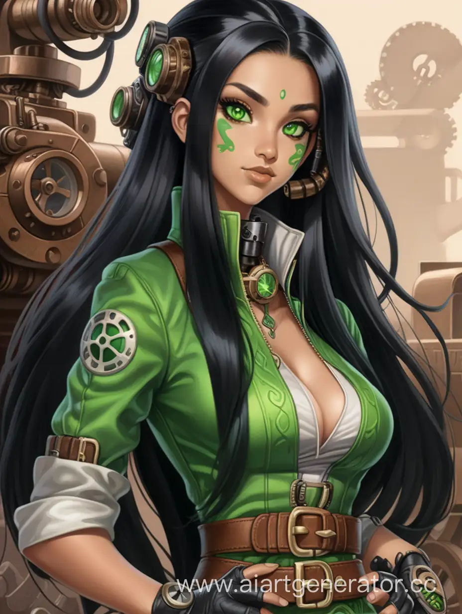 раса юань-ти девушка с длинными черными волосами и зелеными глазами механик изобретатель стимпанк, змеиный хвост, зеленая чешуя на щеках