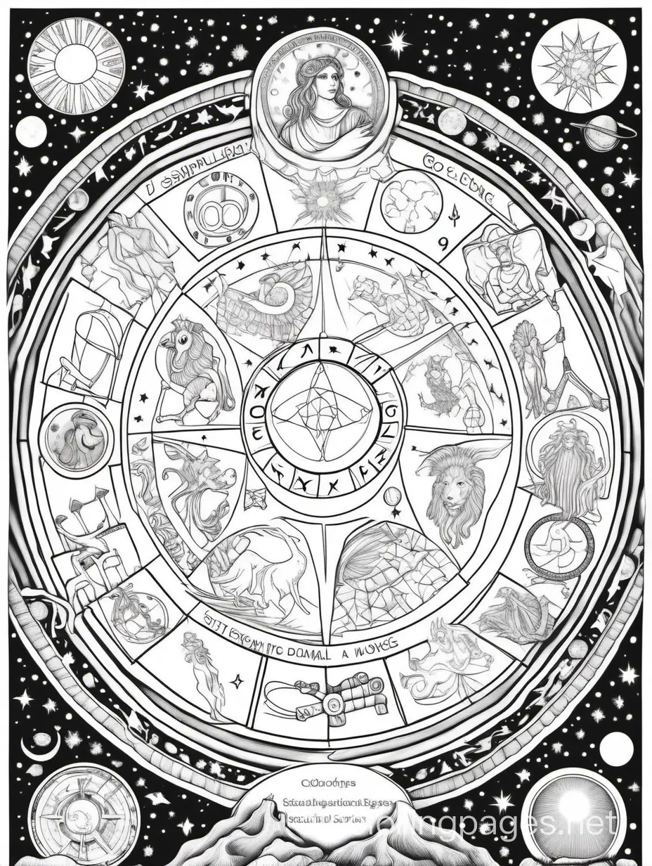 The coloring page features an array of astrological symbols and divination tools against a backdrop of the night sky. Zodiac signs, planetary glyphs, and tarot cards are intricately woven into the design, inviting viewers to explore the mysteries of the cosmos through ancient practices of astrology and divination. As they color the page, viewers can reflect on the ways in which celestial movements and cosmic energies influence human destiny and spirituality., Coloring Page, black and white, line art, white background, Simplicity, Ample White Space. The background of the coloring page is plain white to make it easy for young children to color within the lines. The outlines of all the subjects are easy to distinguish, making it simple for kids to color without too much difficulty