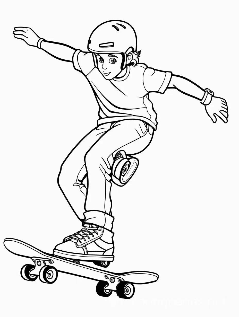skateboarder man slalom, Coloring Page, black and white, line art, white background, Simplicity, Ample White Space. The background of the coloring page is plain white to make it easy for young children to color within the lines. The outlines of all the subjects are easy to distinguish, making it simple for kids to color without too much difficulty
