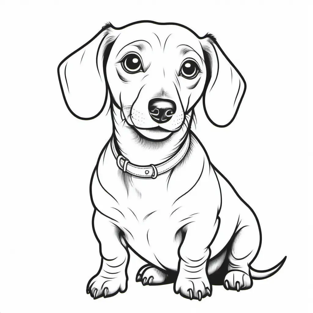 Coloring page for kids 4-7 years, dog image Dachshund, white background, clean line art, fine line art, vector, HD