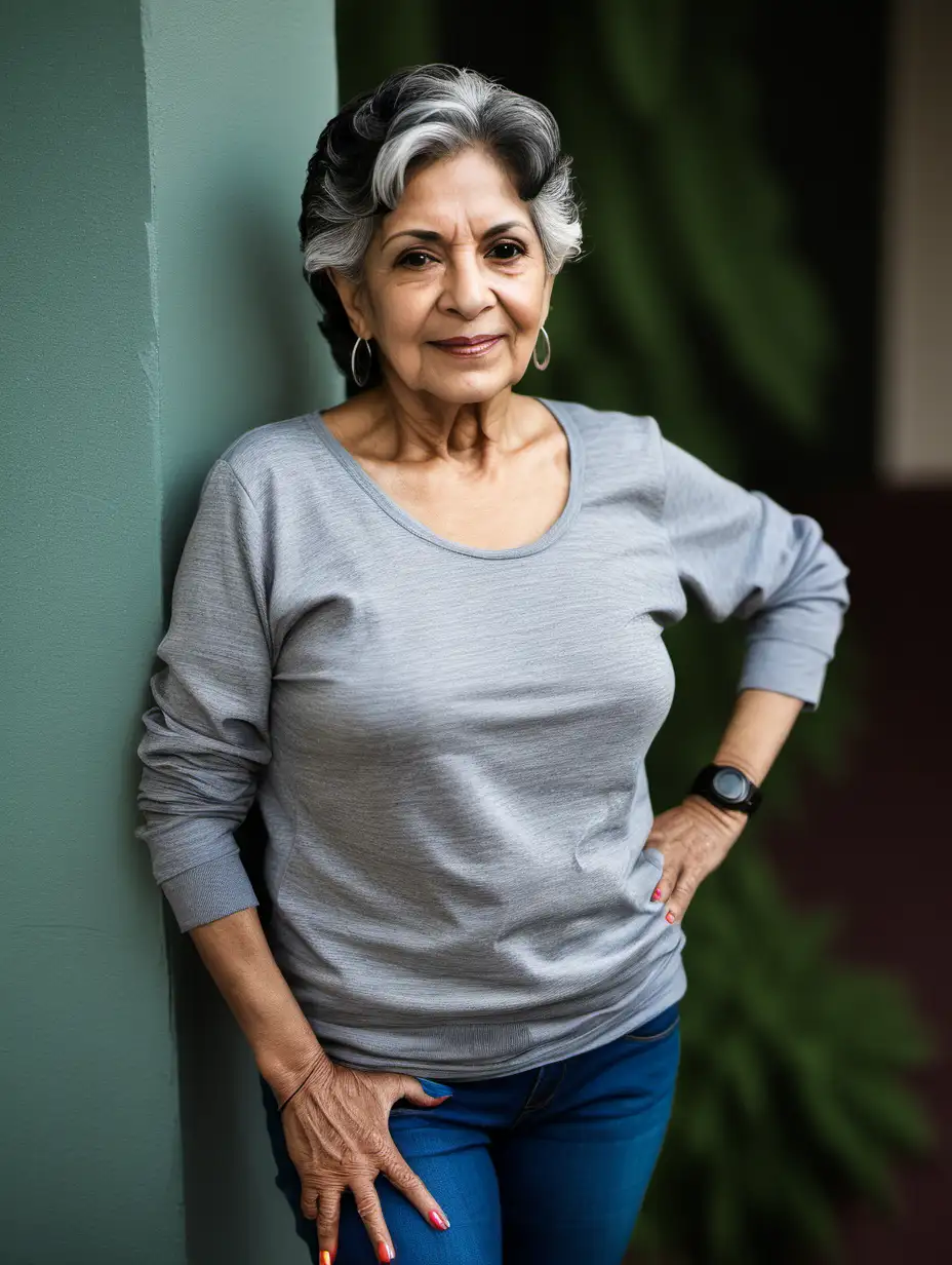 A beautiful Hispanic older woman with a casual outfit