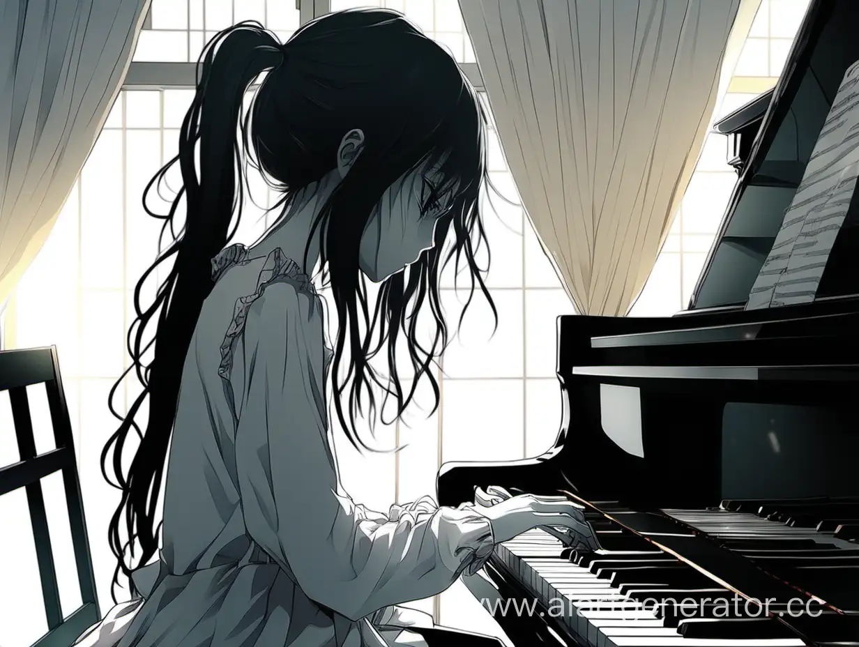 Девушка аниме грусть пианино играет