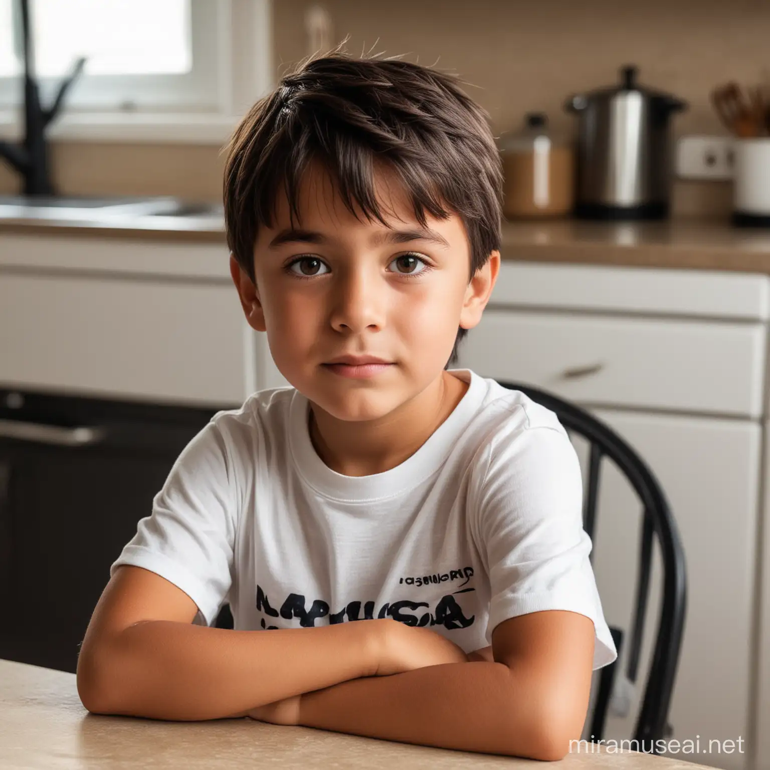 A little boy, with dark hair and brown eyes sitting at the kitchen table. He is wearing a shirt. His skin is slightly tanned. He is looking at the camera, its a amateur picture.