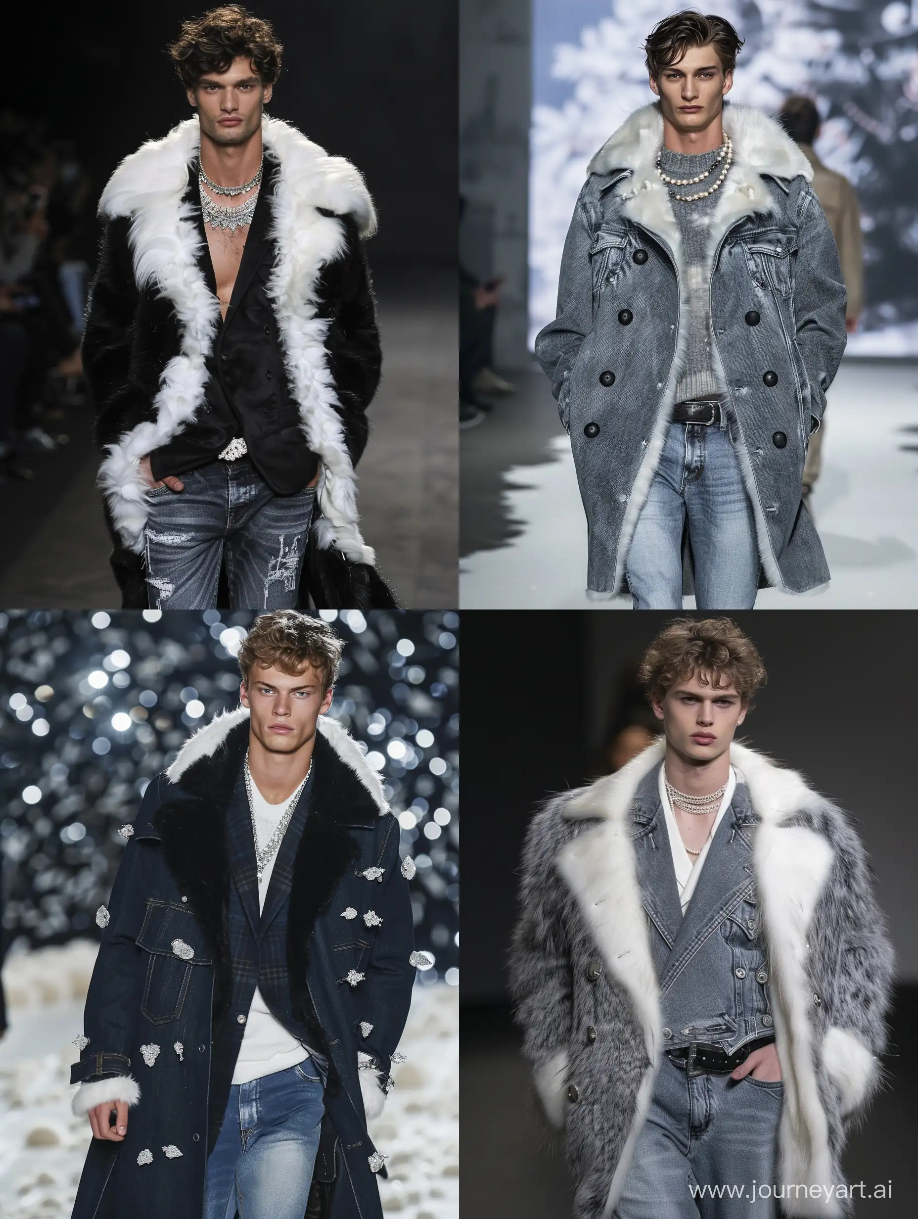 Male model handsome slim runway jeans coats vison mink white jewerly 