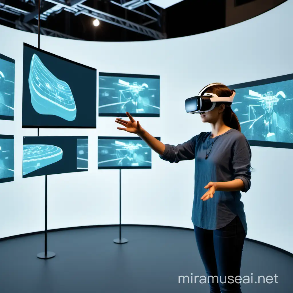 One person interacts with several virtual floating screens using VR