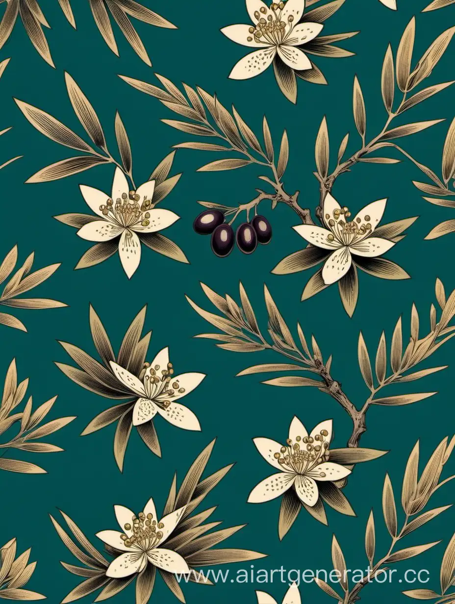 Ukiyo-e style olive color botanical seamless pattern dark Turquoise background 