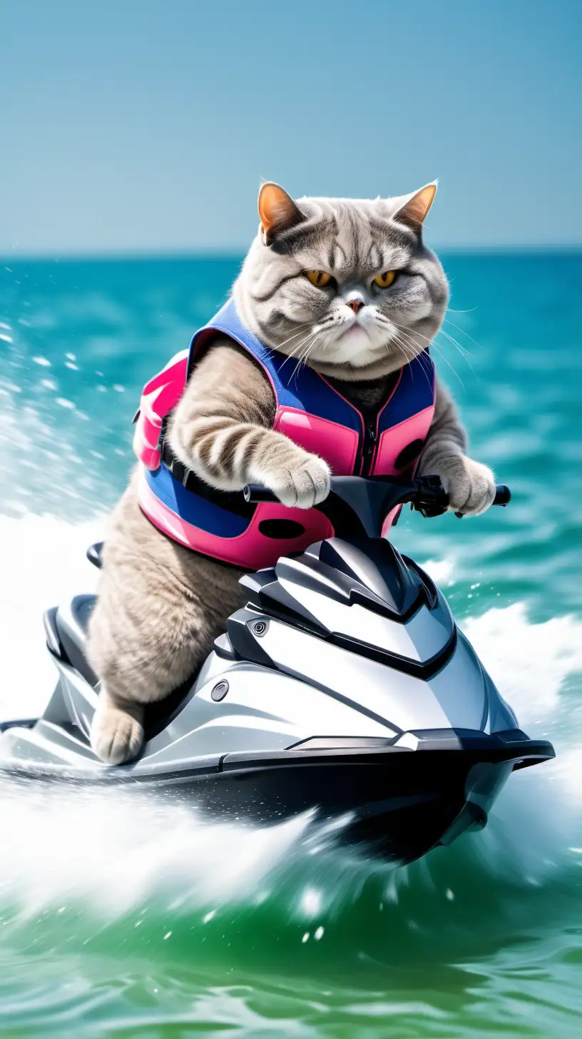 Adventurous Gray Cat Riding Jet Ski on the Ocean