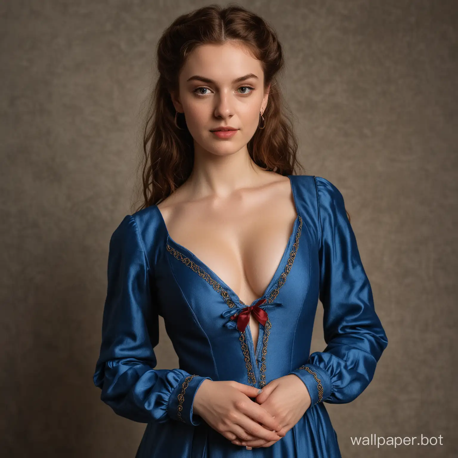 A girl from the Renaissance wearing a ribbon blue felt slit dress and deep v neck showing cleavage