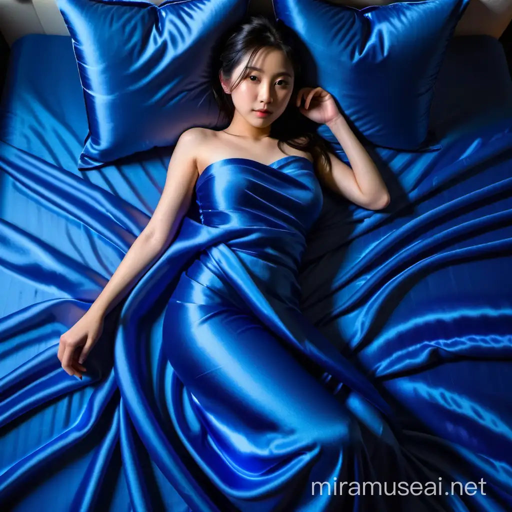 a beautiful japanese woman lying on royal blue satin bed sheets cover, 1girl, solo, realistic, black hair, long hair, bed sheet, looking at viewer, full body,