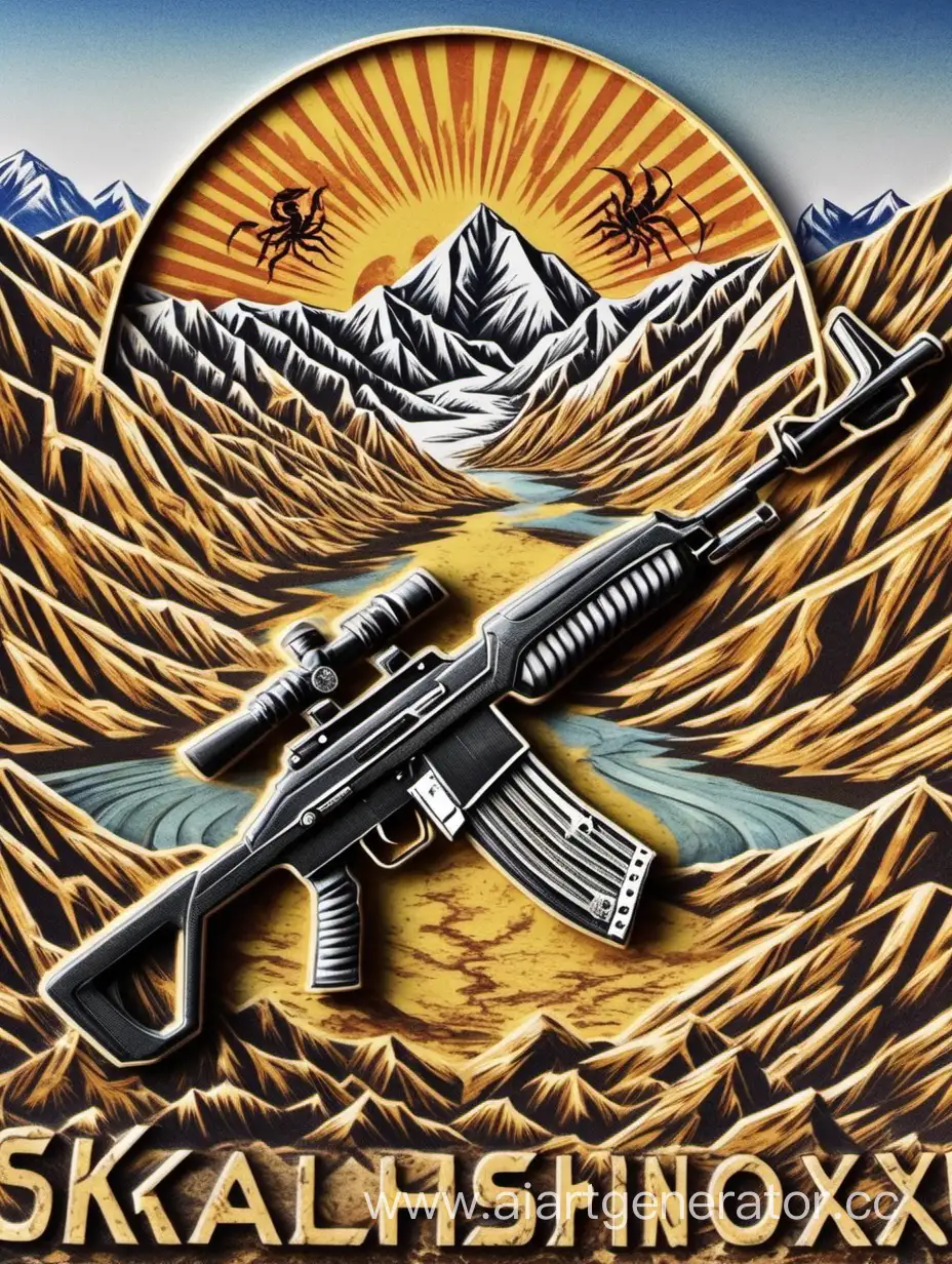 Scorpion-Insignia-and-Kalashnikov-Rifle-in-Tajikistan-Mountains