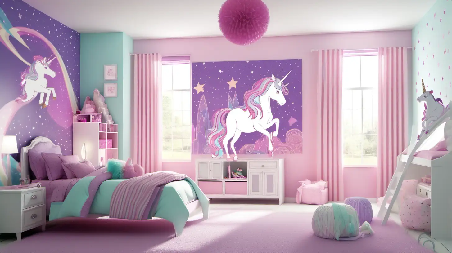 Beautiful kids room, unicorns, pink, teal, purple, light colors, soft light