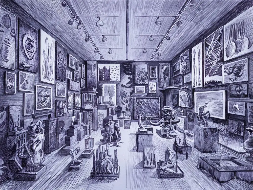 Artistic Pencil Sketches on Display in a Spacious Gallery