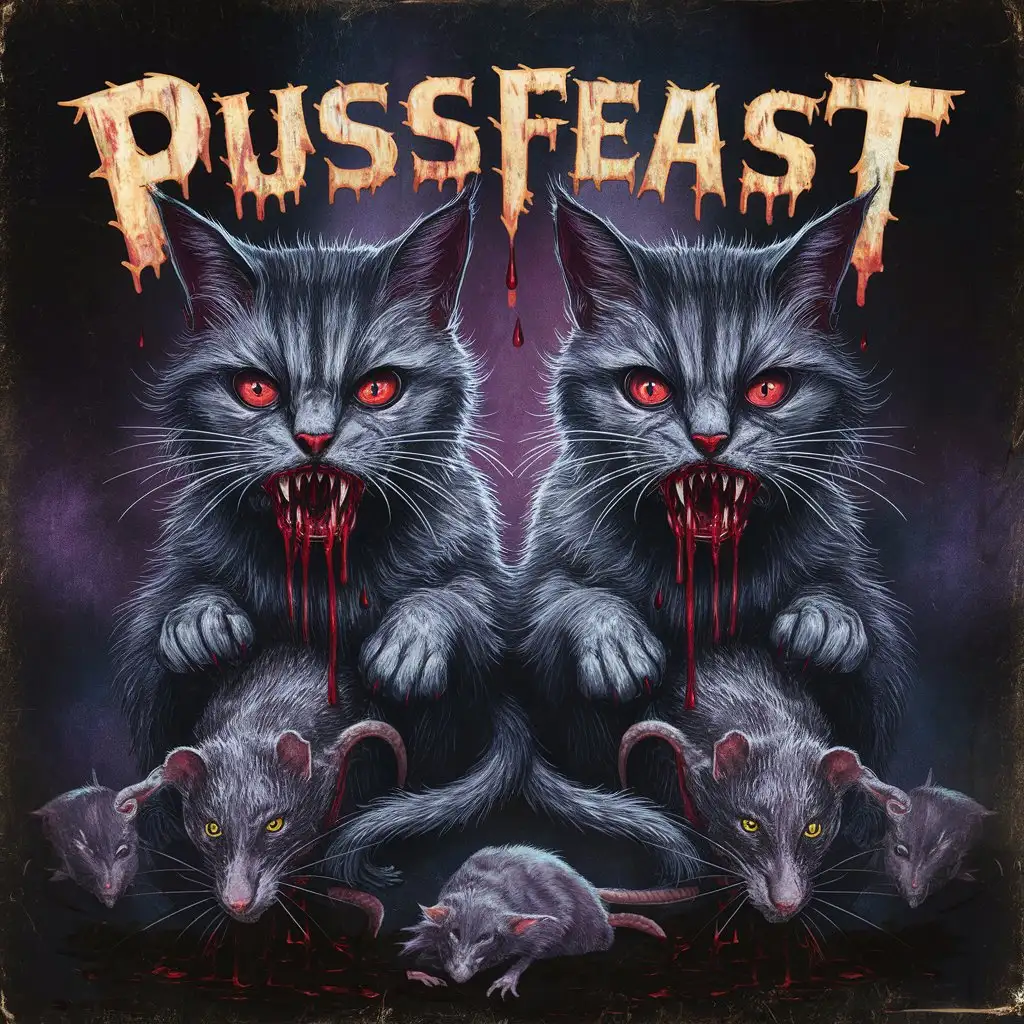 1970s horror album cover design, demon cats dripping blood, holding rats, words "PUSSFEAST"