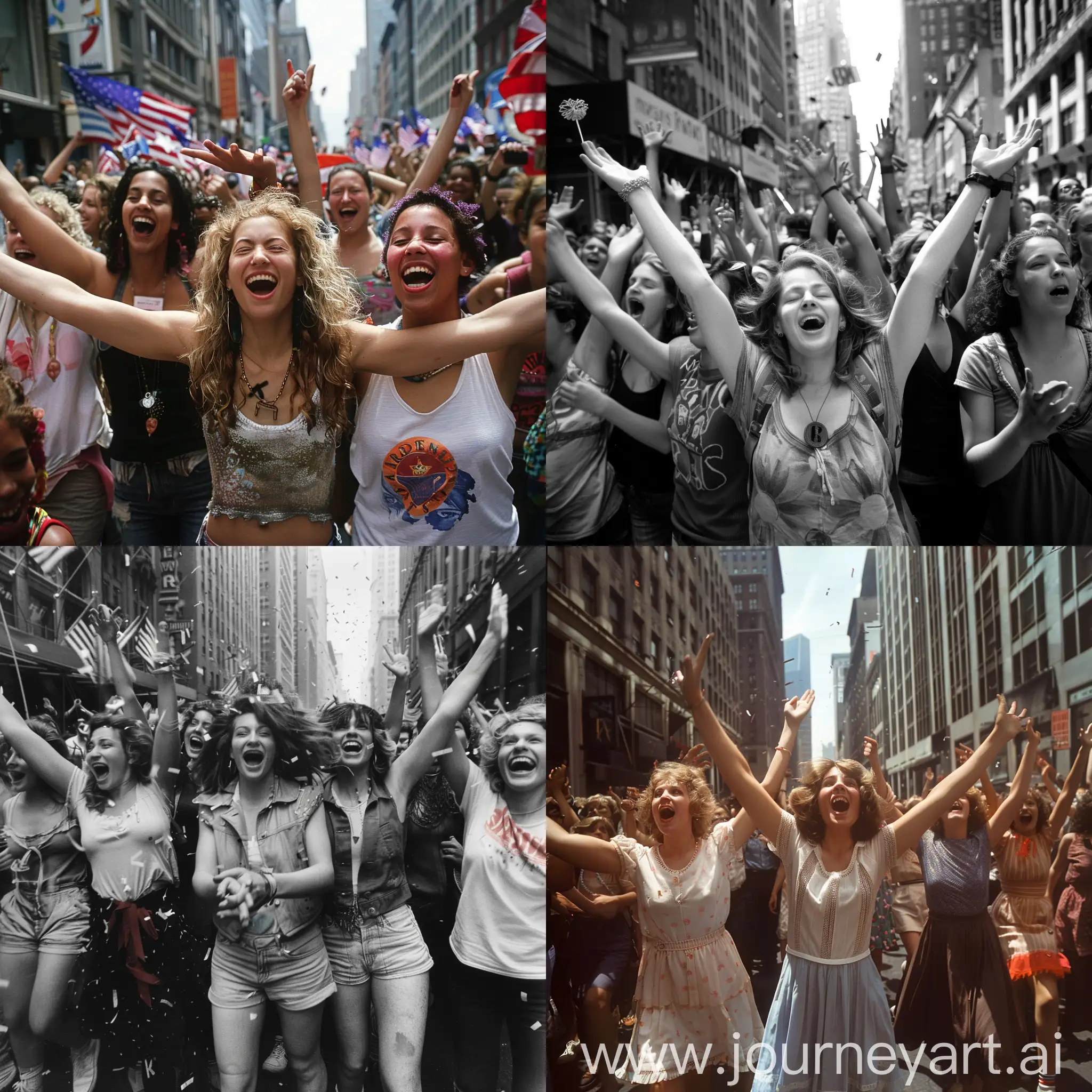美国街头很多人一起狂欢，照片聚焦在几个展开双臂的女人身上，广角镜头