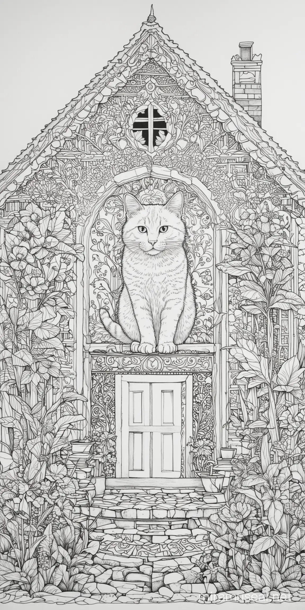 coloring page for adults, madala, one cat image, white background, clean line art, old house, ar 2:3