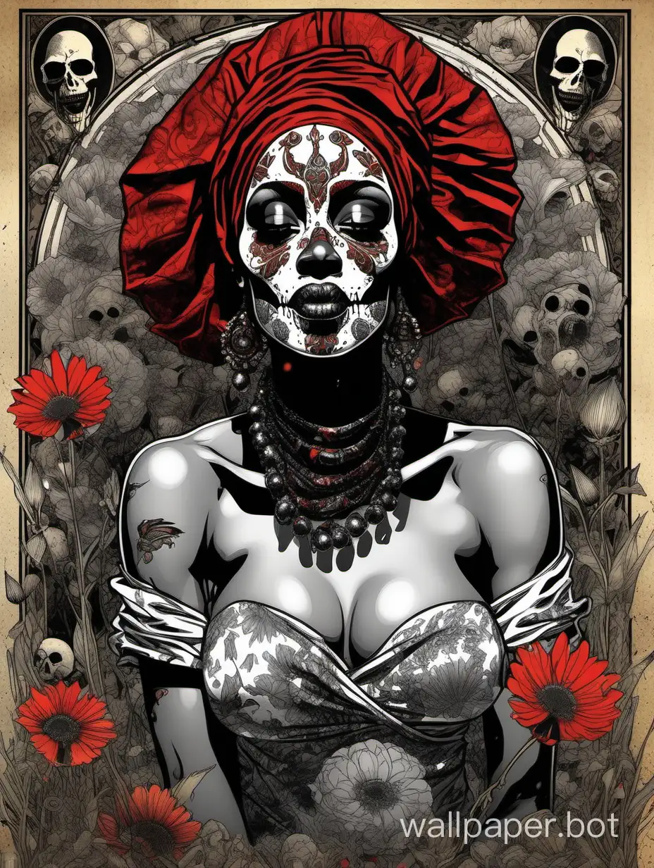 sexy gorgeous goth african odalisque,  masterpiece sexy laugh skull face, assimetrical, open arms, william morris poster, explosive wild flowers hiperdripping paint, comic book, high textured paper, hiperdetailed lineart , dark water , red, black, gray, burned borders
