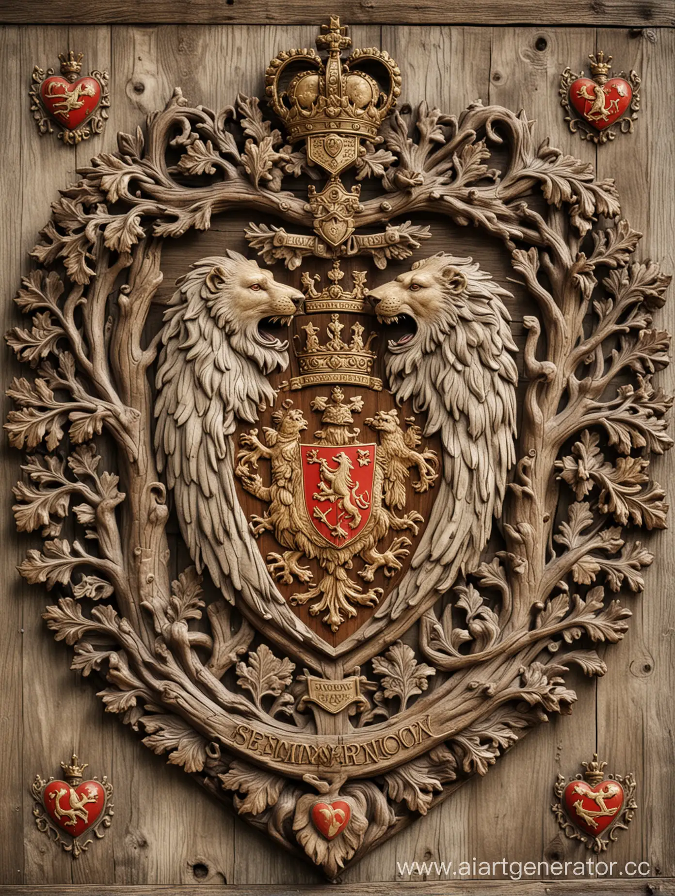 Фамильный герб Семеновых с сердцем, голубем медведем, львом, дубом  