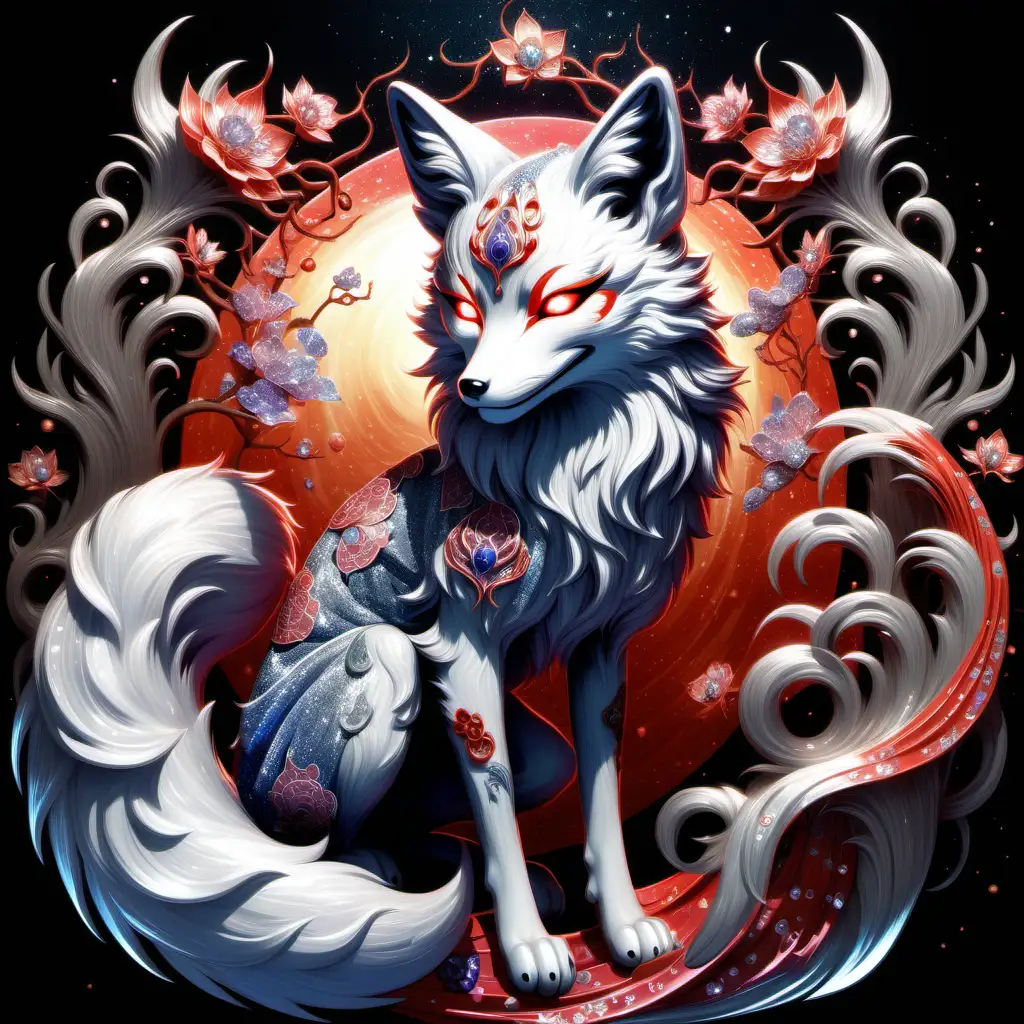 A mysterious and alluring glitzy kitsune, a mythical Japanese fox spirit renowned for its shape-shifting abilities. The image is a digitally rendered painting, rich in vibrant colors and intricate details. The kitsune is depicted with shimmering silver fur adorned with shimmering crystals that emit an ethereal glow. Its piercing crimson eyes gleam with an otherworldly intensity, captivating the viewers with a sense of enchantment and a hint of eerie allure. With each brushstroke, the artist masterfully captures the essence of the kitsune, creating an image that exudes both glamour and a haunting mystique.
