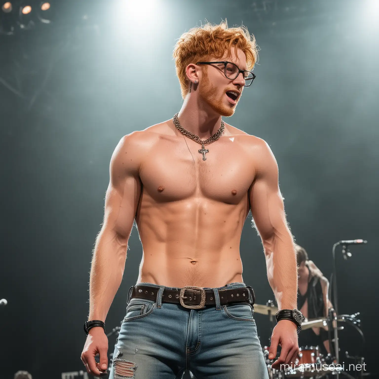 handsome shirtless vocalists, concert, sweaty, boots, jeans, necklace, watch, bracelet, short hair, show very hairy chest, seductive, belt buckle, seductive, mic stand, ginger, glasses, slender