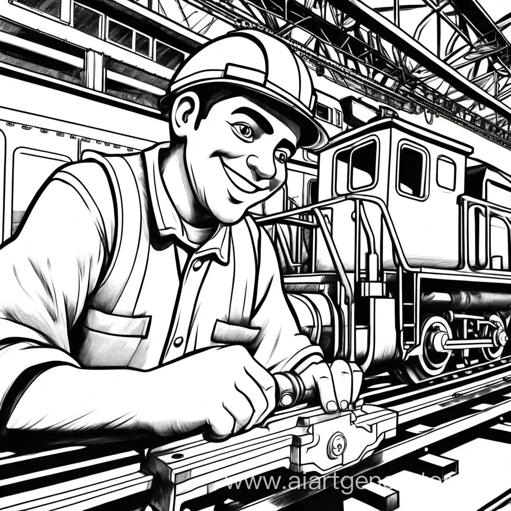 Раскраска крупным планом счастливый сотрудник локомотивного депо, который чинит новый поезд. 
Рисунок должен быть бесцветным, должны быть только контуры. Картинка должны быть простая.