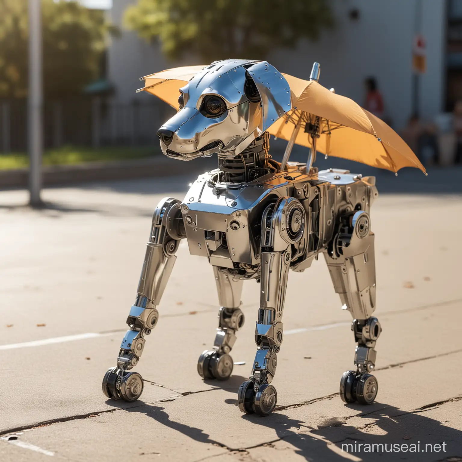 A metallic robot dog with joints moved by very visible pneumatic bellow joints. The dog is strolling outside in bright sunlight and is wearing an umbrella, also pneumatically actuated.