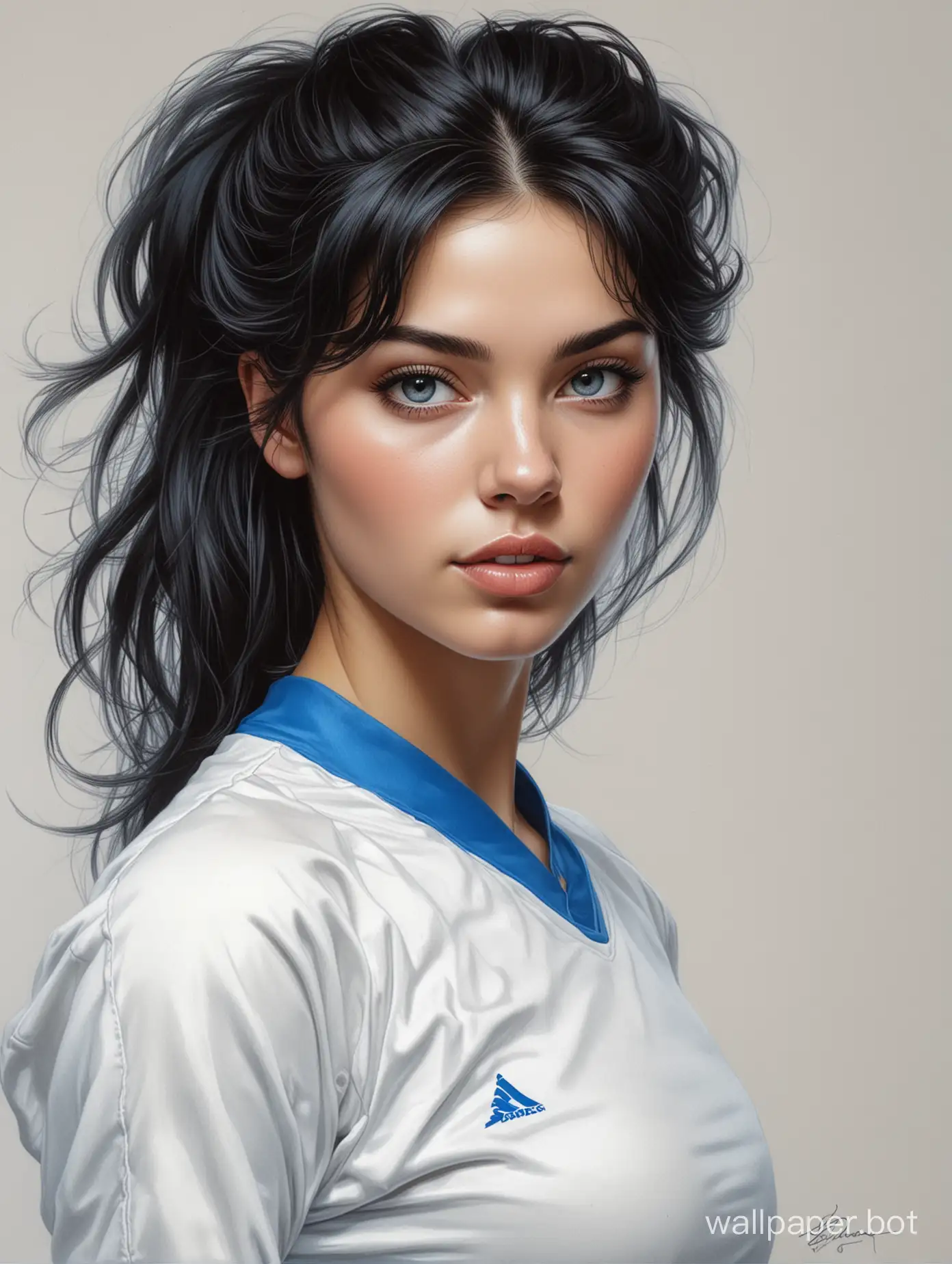 sketch young Katerina Shpitsa 18 years old black hair 5 breast size narrow waist In white-blue soccer form white background high realism drawing with liner portrait in half-turn style Boris Vallejo